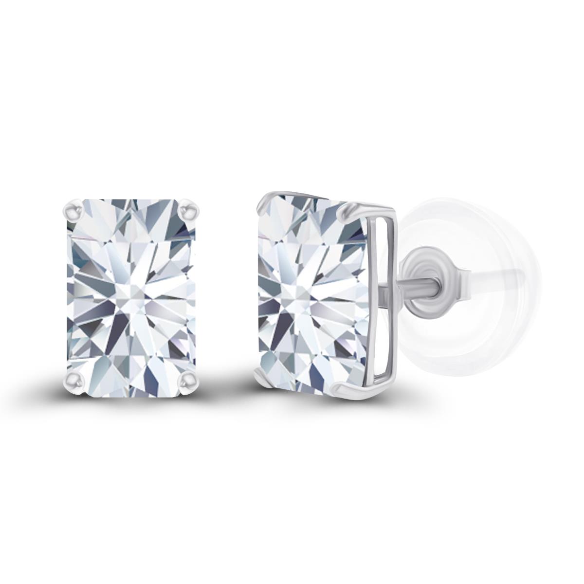 Sterling Silver Rhodium 6x4mm Octagon Created White Sapphire Basket Stud Earrings with Silicone Backs