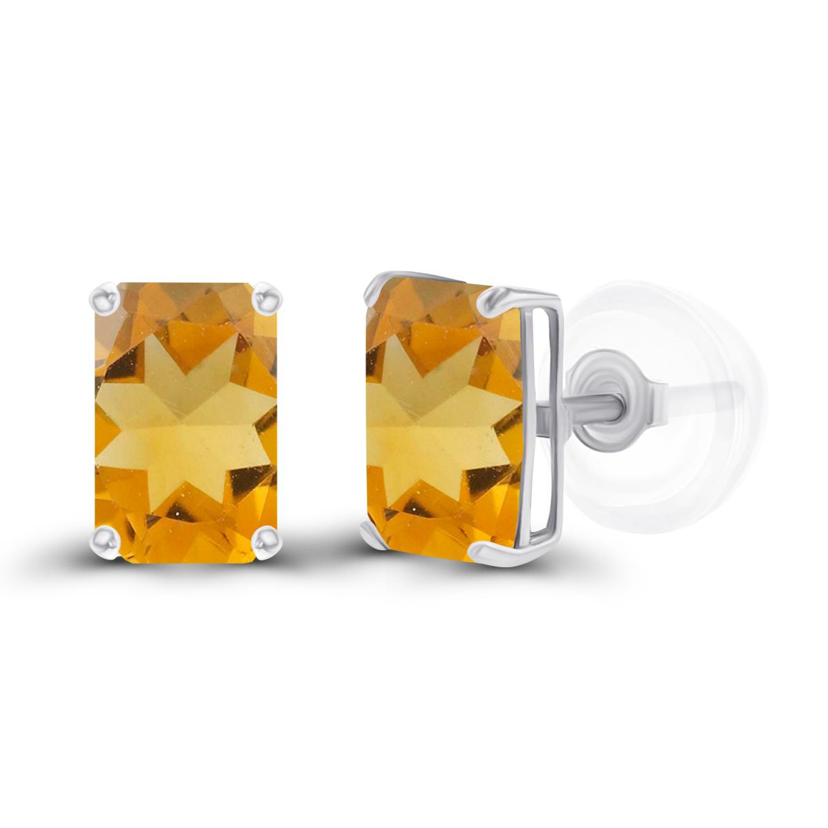 Sterling Silver Rhodium 6x4mm Octagon Citrine Basket Stud Earrings with Silicone Backs