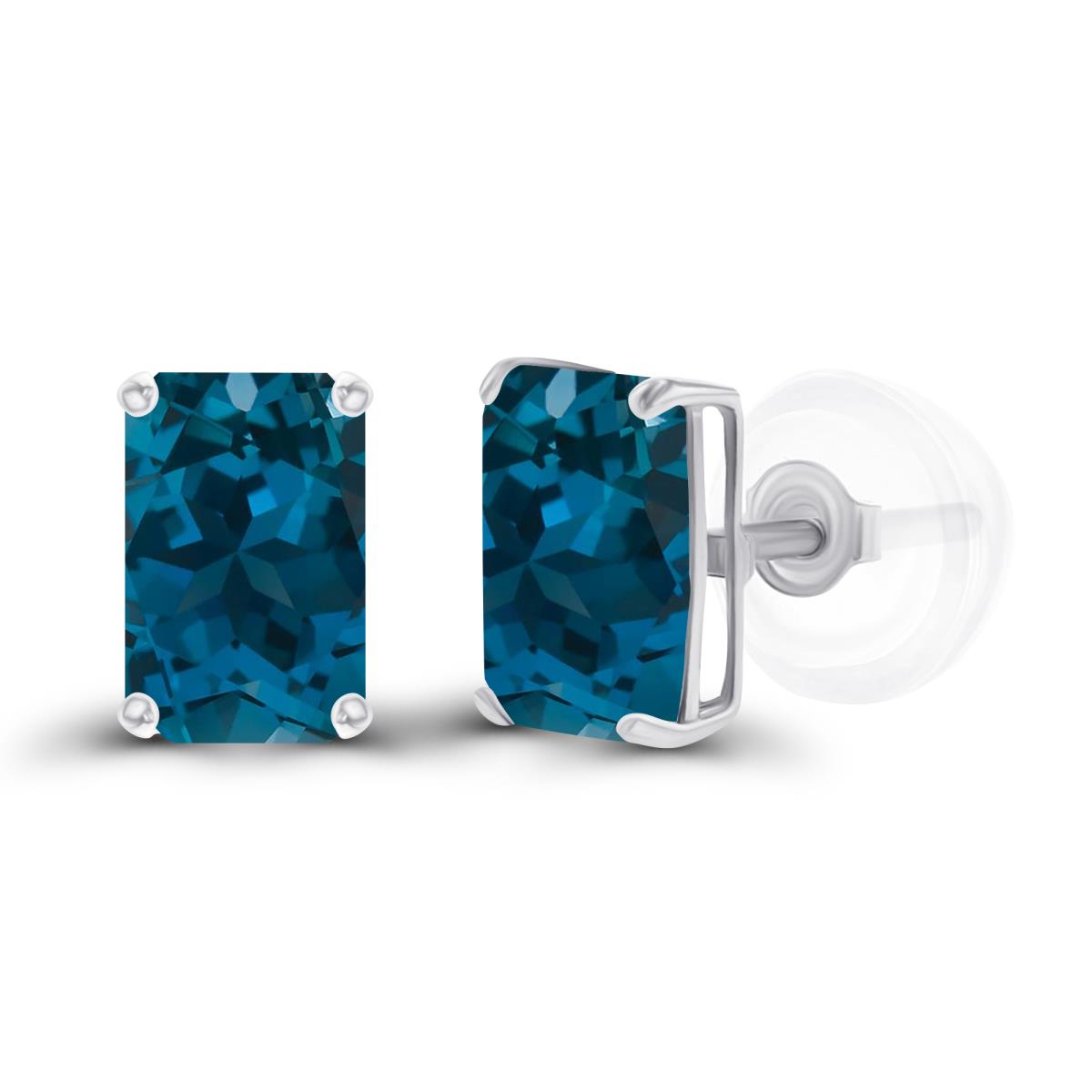 Sterling Silver Rhodium 6x4mm Octagon London Blue Topaz Basket Stud Earrings with Silicone Backs