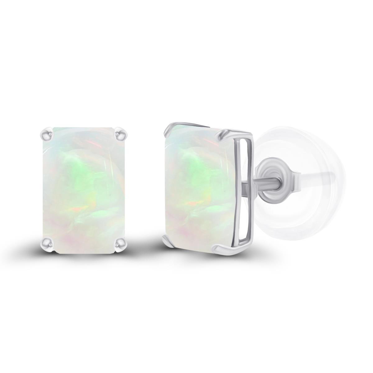 Sterling Silver Rhodium 6x4mm Octagon Opal Basket Stud Earrings with Silicone Backs