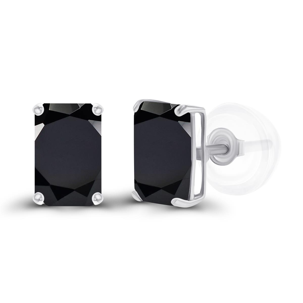 Sterling Silver Rhodium 6x4mm Octagon Onyx Basket Stud Earrings with Silicone Backs