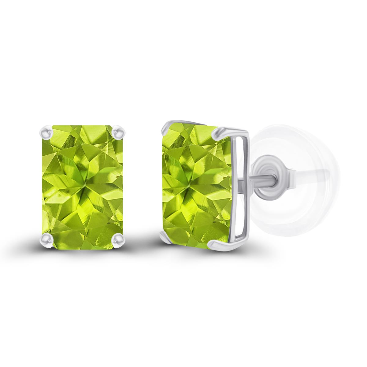 Sterling Silver Rhodium 6x4mm Octagon Peridot Basket Stud Earrings with Silicone Backs