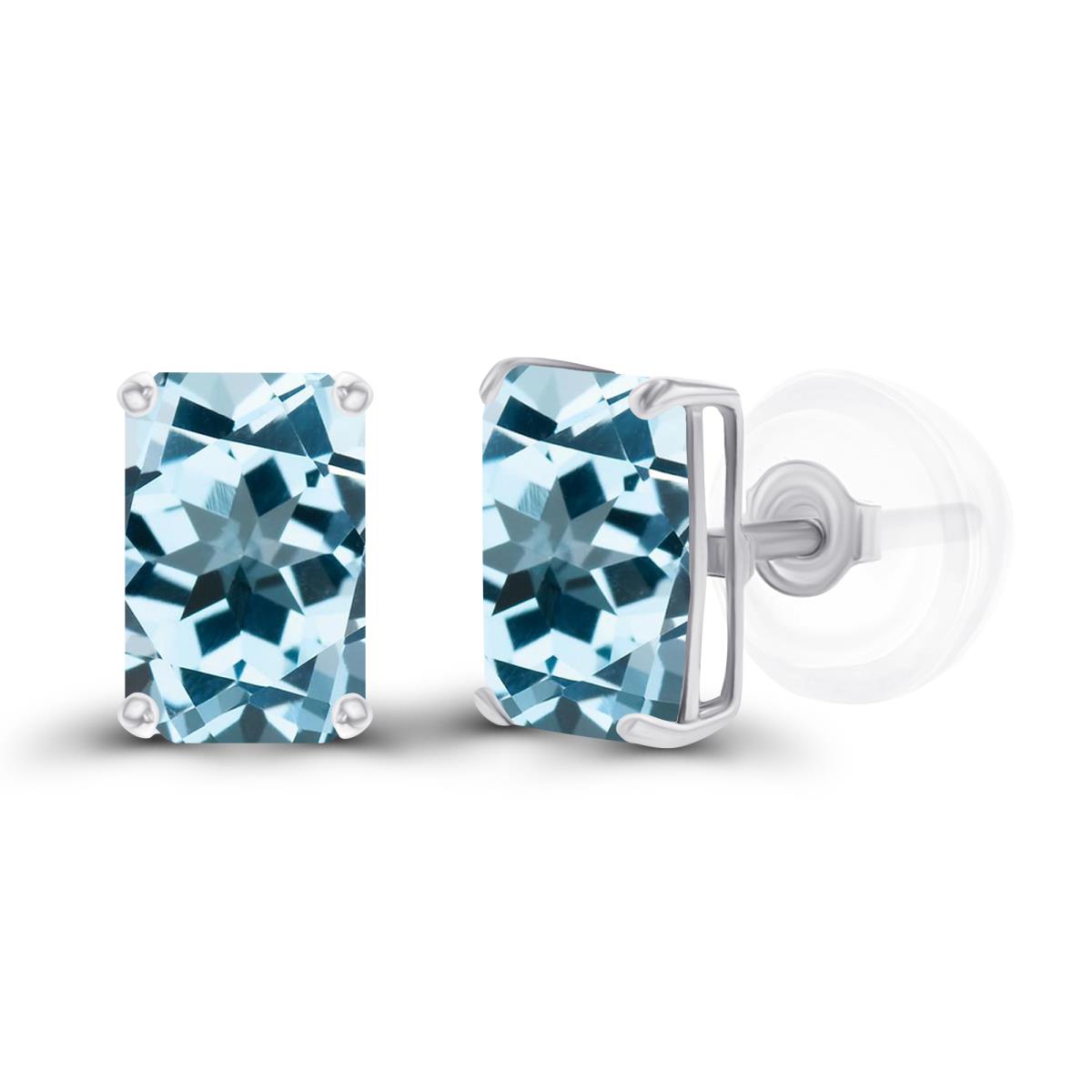 Sterling Silver Rhodium 6x4mm Octagon Sky Blue Topaz Basket Stud Earrings with Silicone Backs