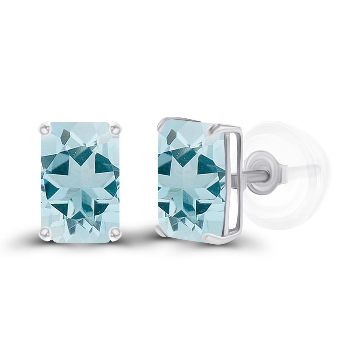 Sterling Silver Rhodium 6x4mm Octagon Aquamarine Basket Stud Earrings with Silicone Backs