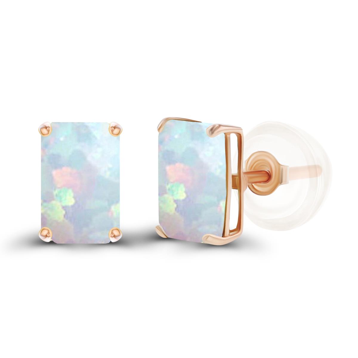 Sterling Silver Rose 6x4mm Octagon Created Opal Basket Stud Earrings with Silicone Backs