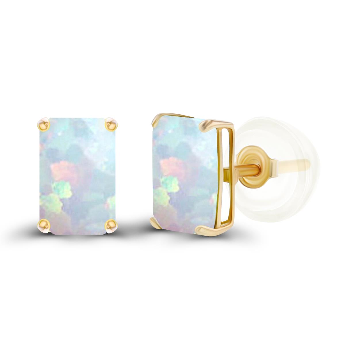 Sterling Silver Yellow 6x4mm Octagon Created Opal Basket Stud Earrings with Silicone Backs
