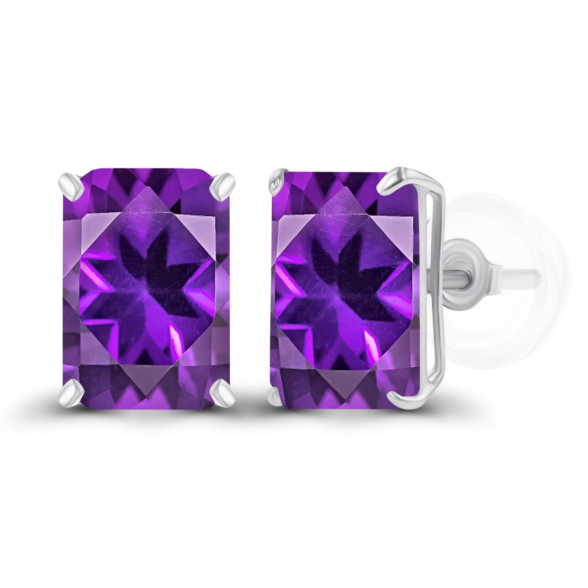 Sterling Silver Rhodium 7x5mm Octagon Amethyst Basket Stud Earrings with Silicone Backs