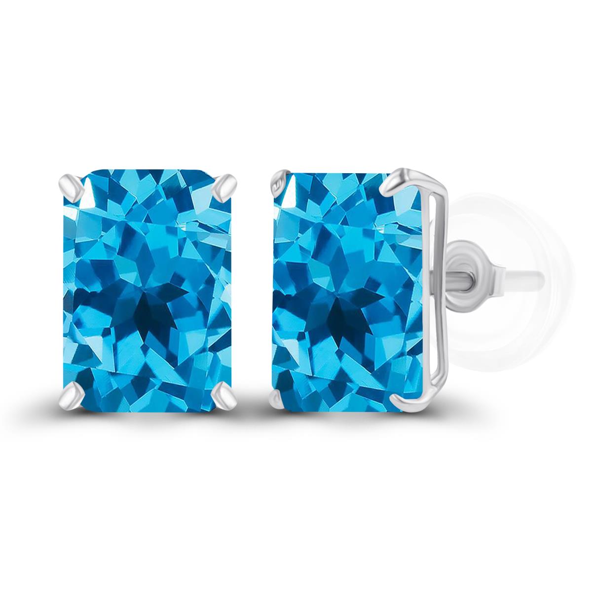 Sterling Silver Rhodium 7x5mm Octagon Swiss Blue Topaz Basket Stud Earrings with Silicone Backs