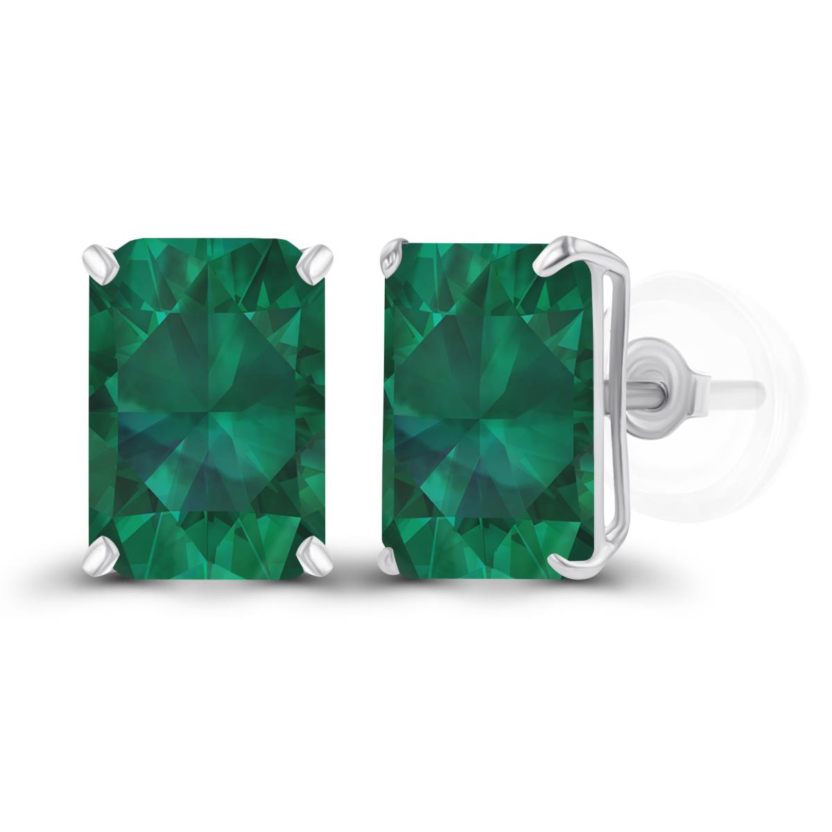 Sterling Silver Rhodium 7x5mm Octagon Created Emerald Basket Stud Earrings with Silicone Backs