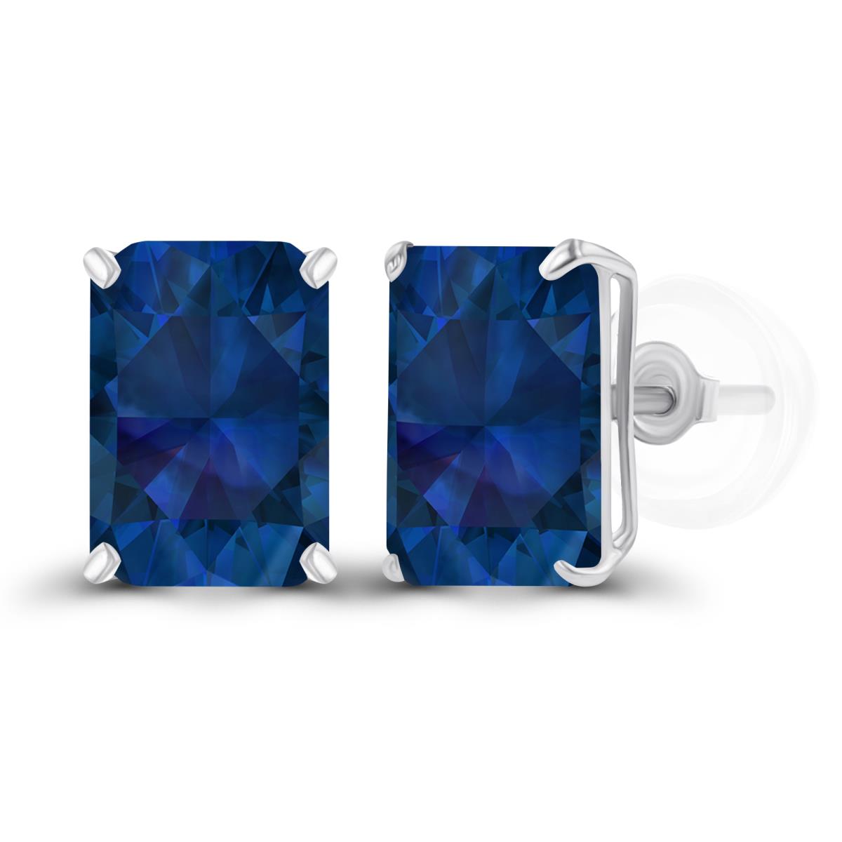 Sterling Silver Rhodium 7x5mm Octagon Created Blue Sapphire Basket Stud Earrings with Silicone Backs