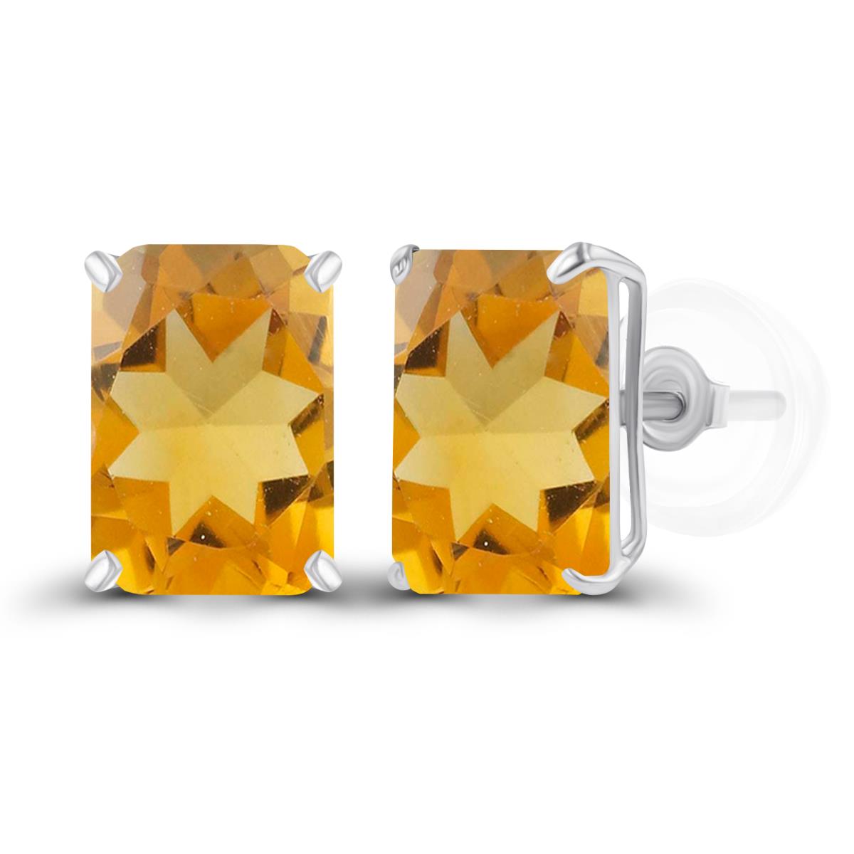 Sterling Silver Rhodium 7x5mm Octagon Citrine Basket Stud Earrings with Silicone Backs