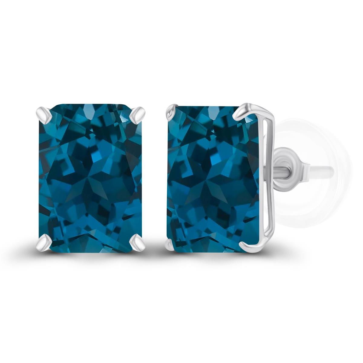 Sterling Silver Rhodium 7x5mm Octagon London Blue Topaz Basket Stud Earrings with Silicone Backs