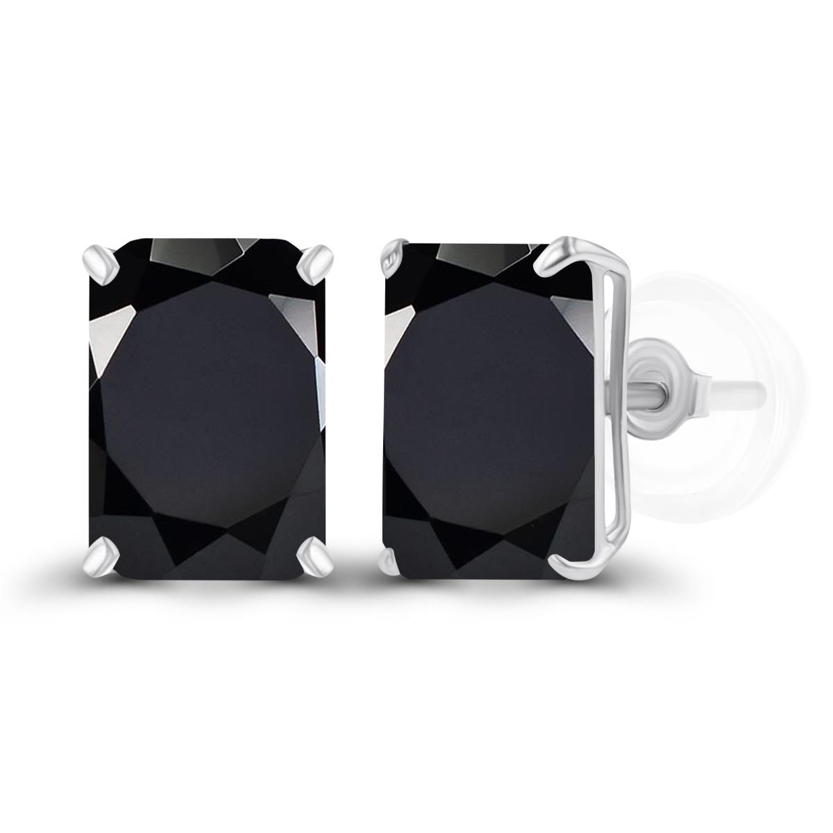 Sterling Silver Rhodium 7x5mm Octagon Onyx Basket Stud Earrings with Silicone Backs