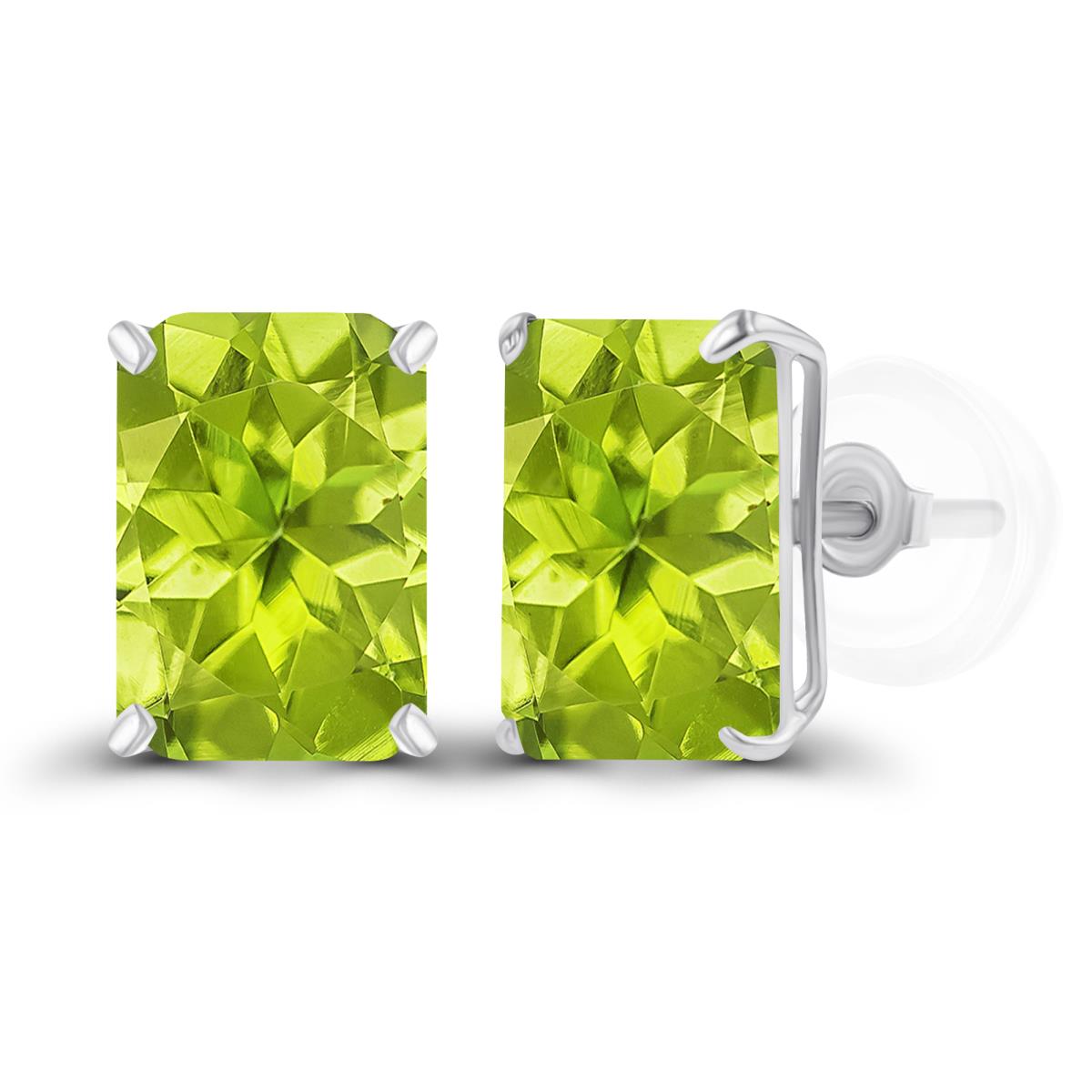 Sterling Silver Rhodium 7x5mm Octagon Peridot Basket Stud Earrings with Silicone Backs