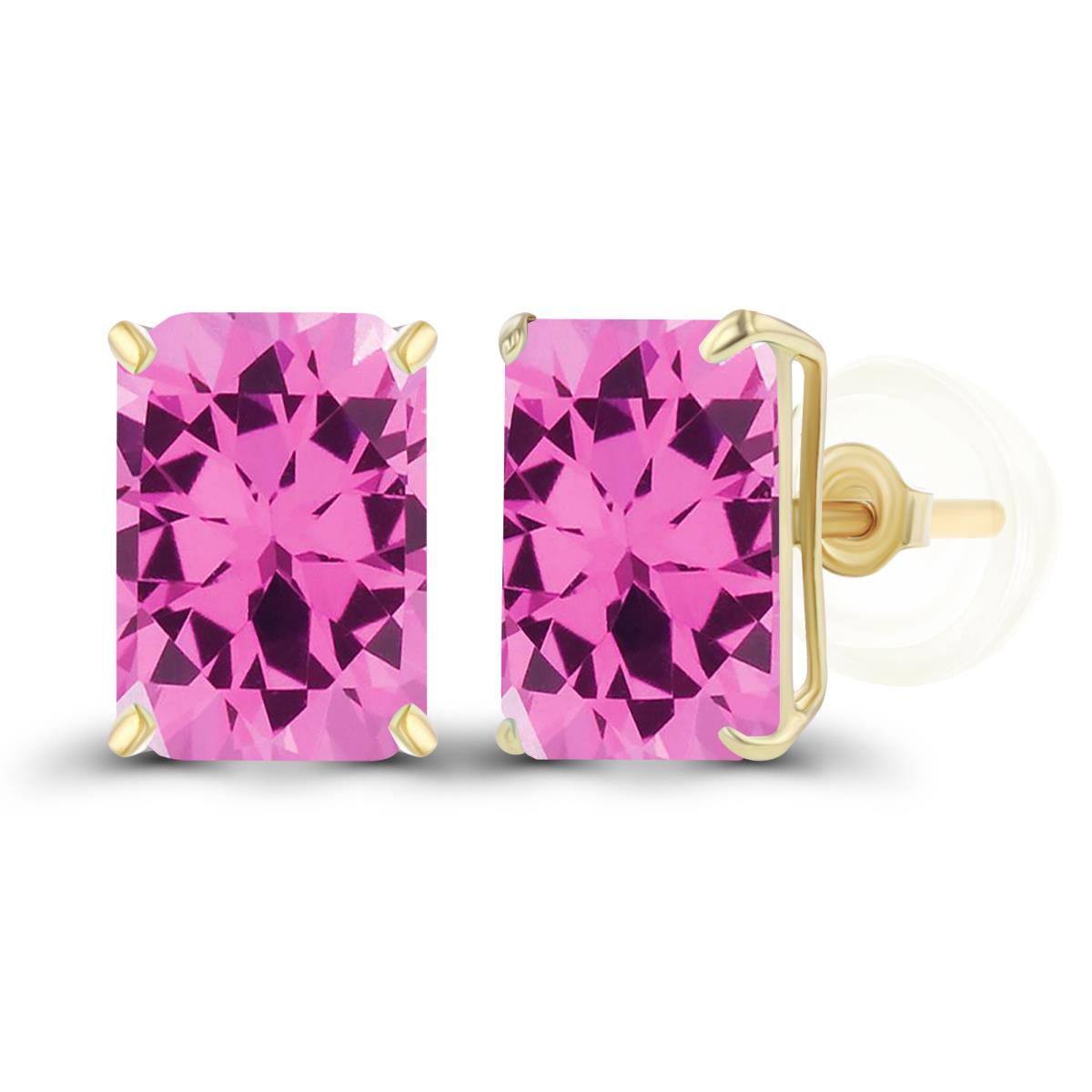 Sterling Silver Yellow 7x5mm Octagon Created Pink Sapphire Basket Stud Earrings with Silicone Backs