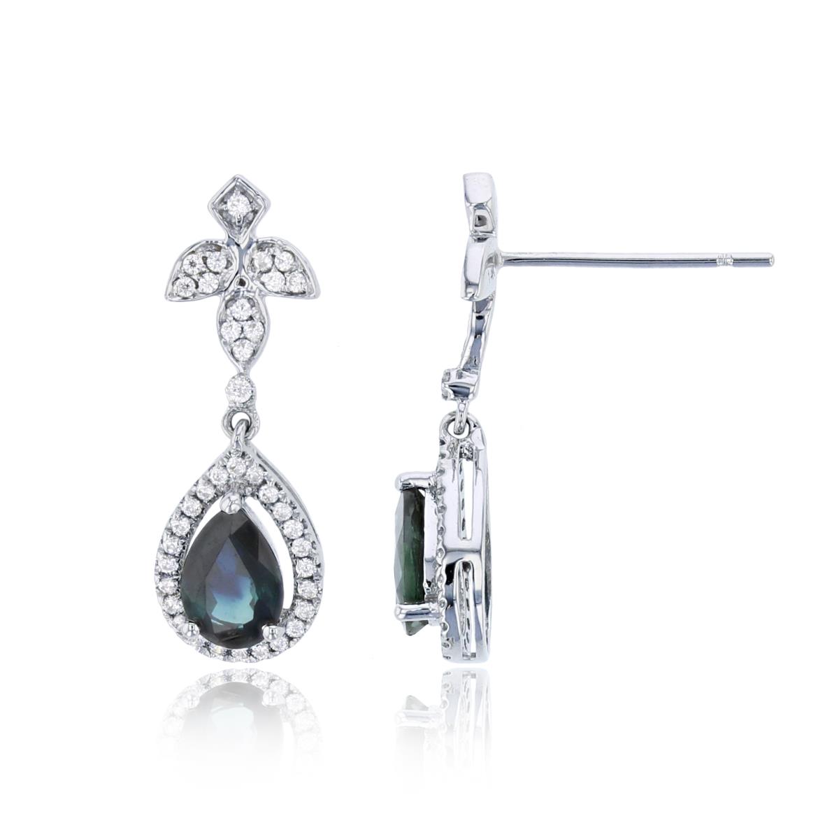 14K White Gold 0.16cttw Rnd Diamonds & 6X4mm PS Sapphire Dangling Earrings