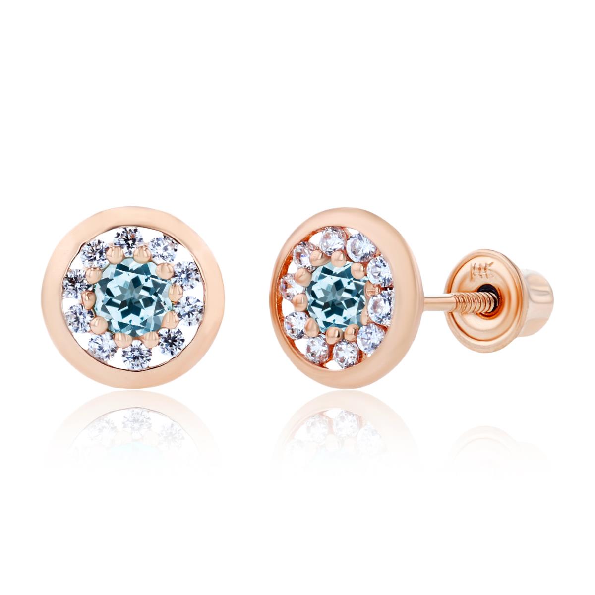 14K Rose Gold 2.5mm Sky Blue Topaz & 1mm Created White Sapphire Pave Circle Screwback Earrings