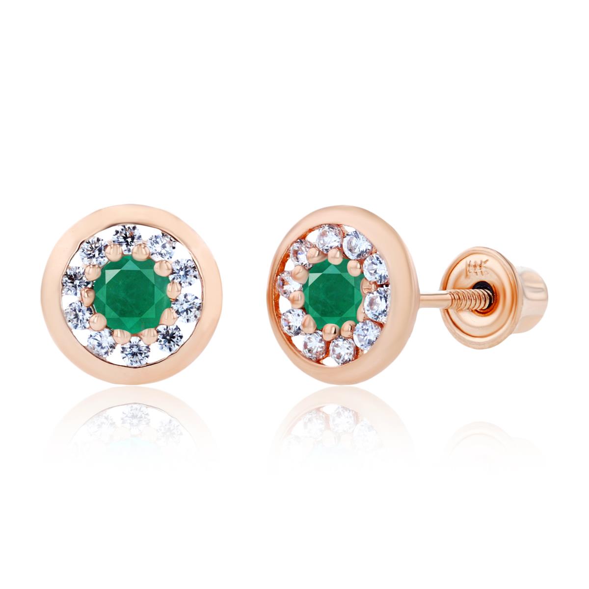 14K Rose Gold 2.5mm Emerald & 1mm Created White Sapphire Pave Circle Screwback Earrings