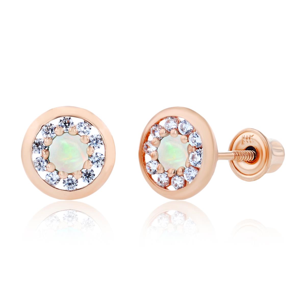 14K Rose Gold 2.5mm Opal & 1mm Created White Sapphire Pave Circle Screwback Earrings