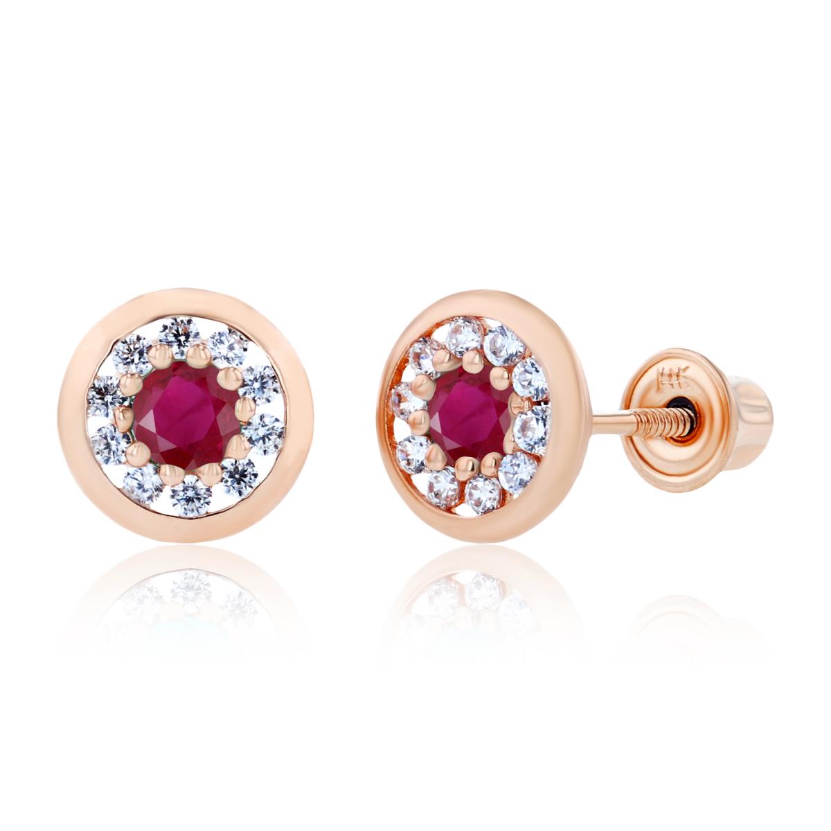 14K Rose Gold 2.5mm Ruby & 1mm Created White Sapphire Pave Circle Screwback Earrings