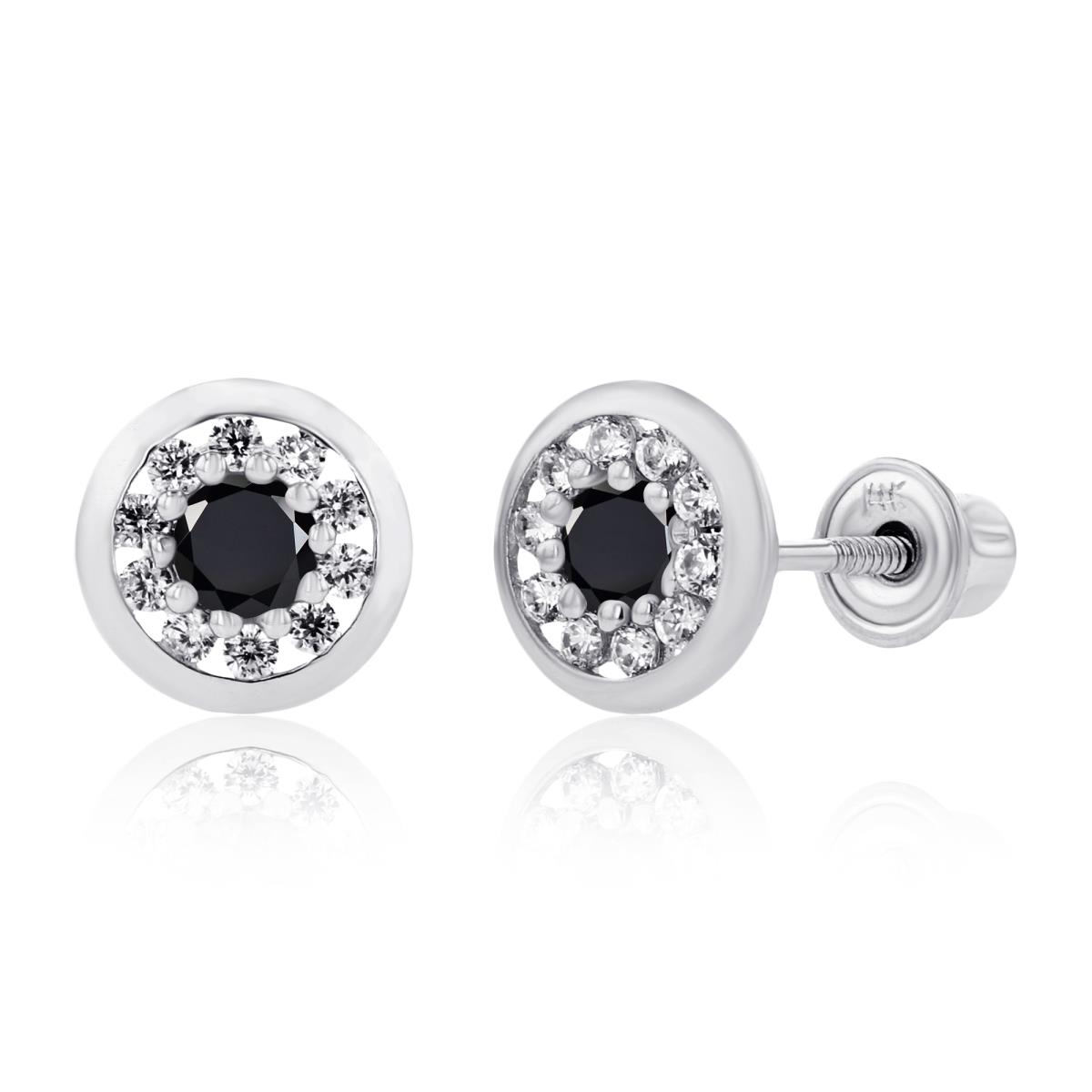 14K White Gold 2.5mm Onyx & 1mm Created White Sapphire Pave Circle Screwback Earrings