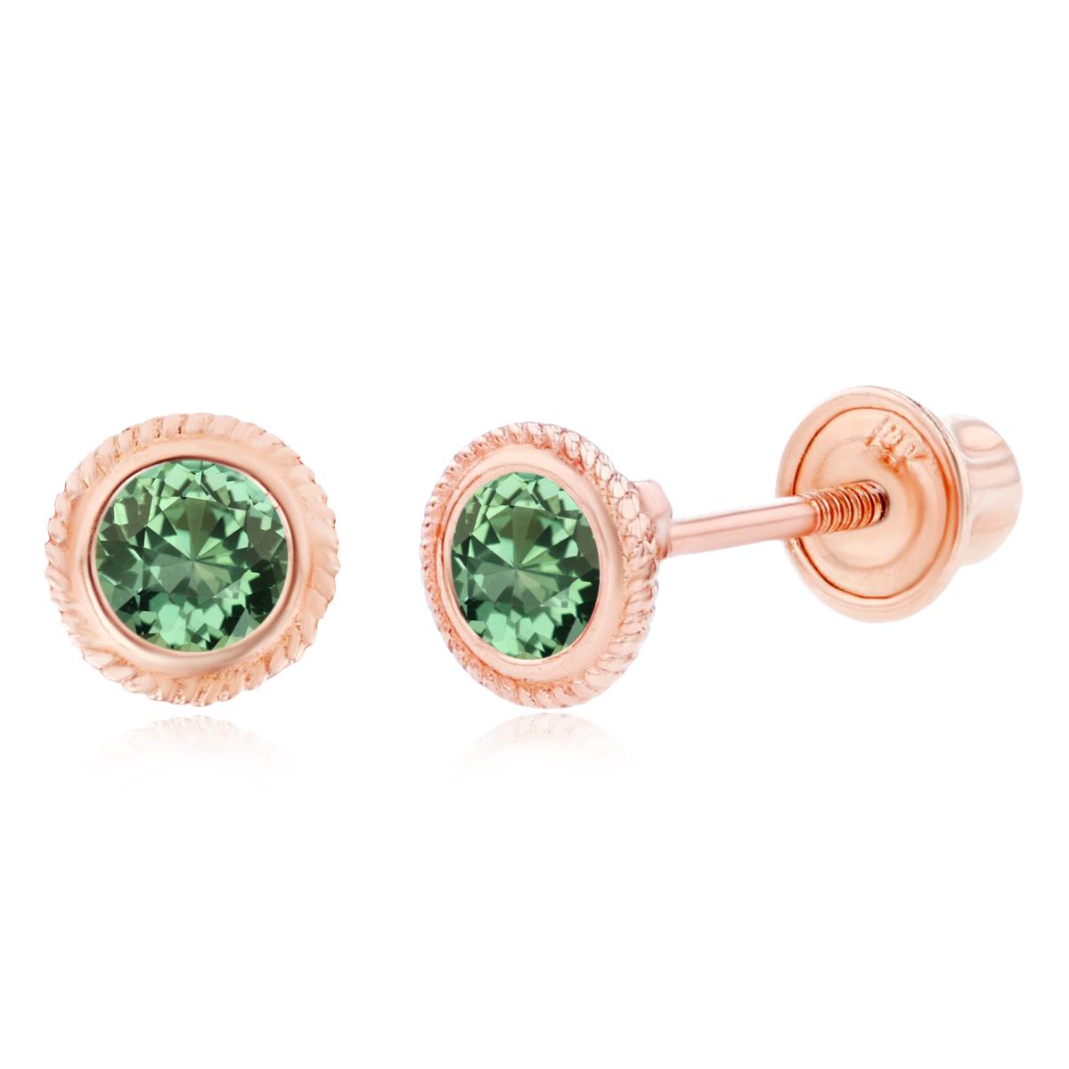 14K Rose Gold 3mm Round Created Green Sapphire Rope Bezel Screwback Earrings