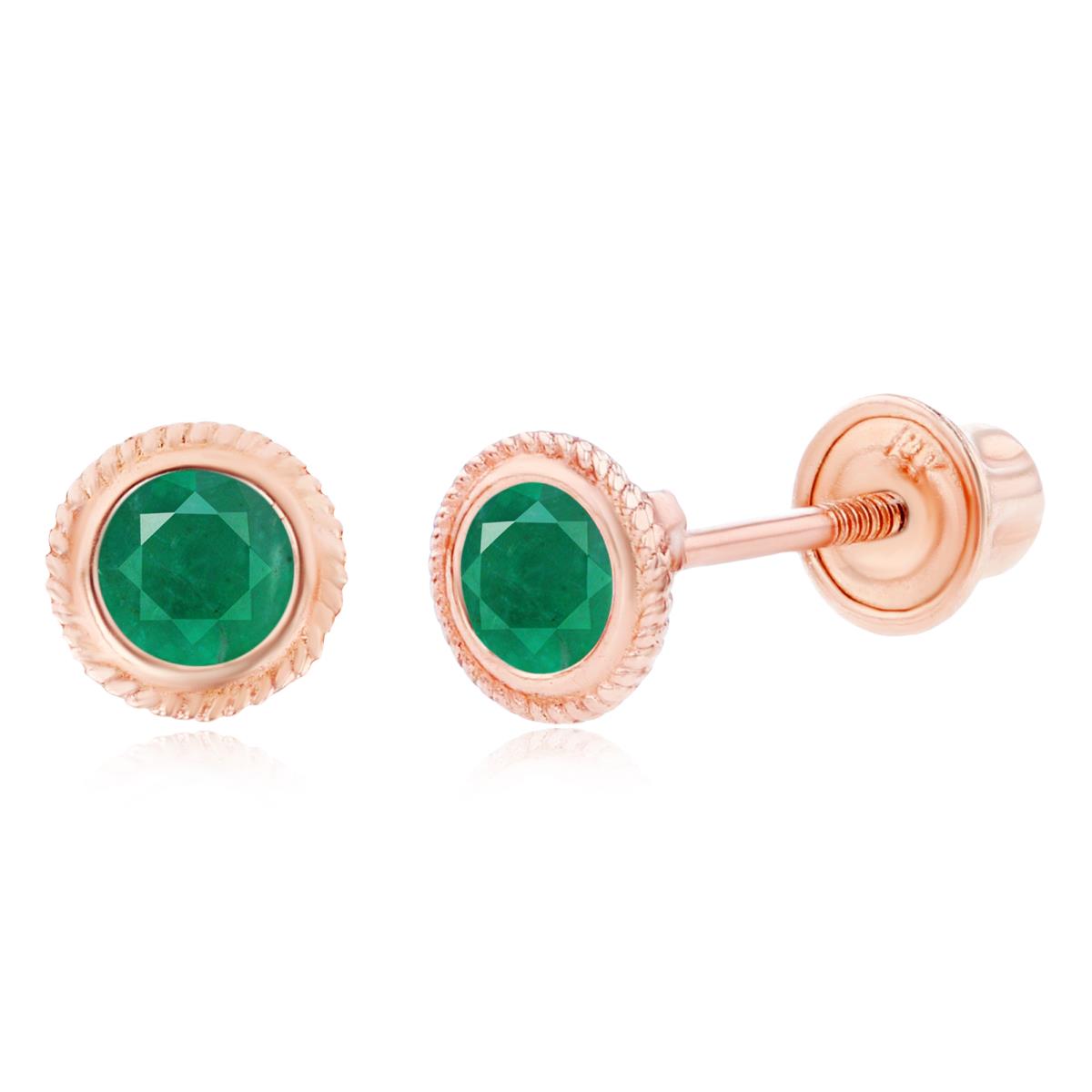 14K Rose Gold 3mm Round Emerald Rope Bezel Screwback Earrings