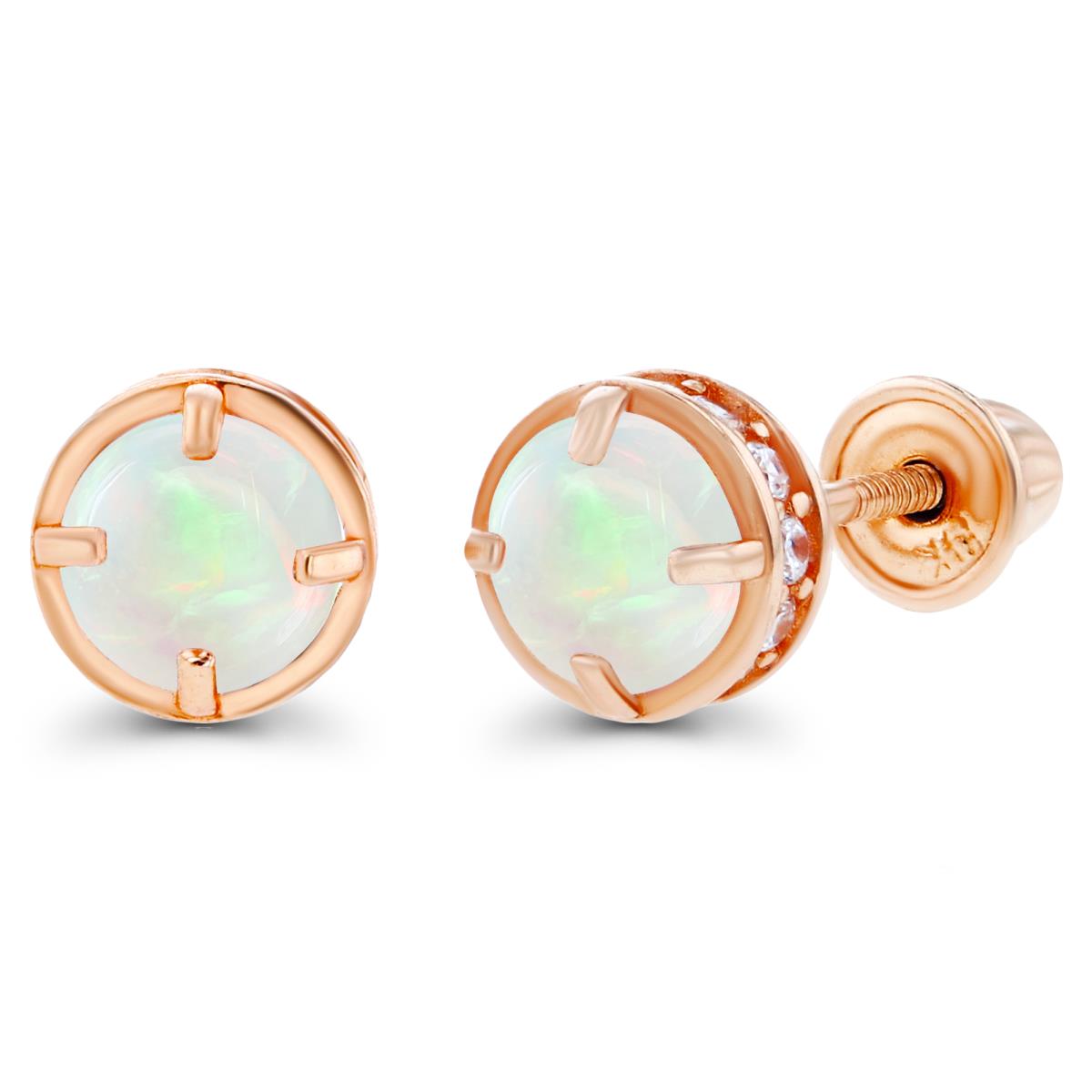 14K Rose Gold 4mm Opal & 1mm Created White Sapphire Basket Screwback Earrings