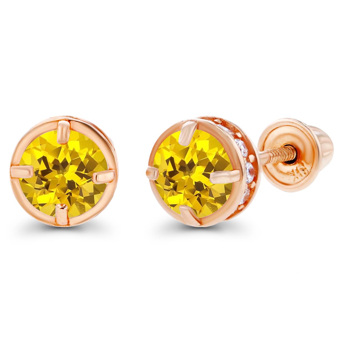 14K Rose Gold 4mm Created Yellow Sapphire & 1mm Created White Sapphire Basket Screwback Earrings