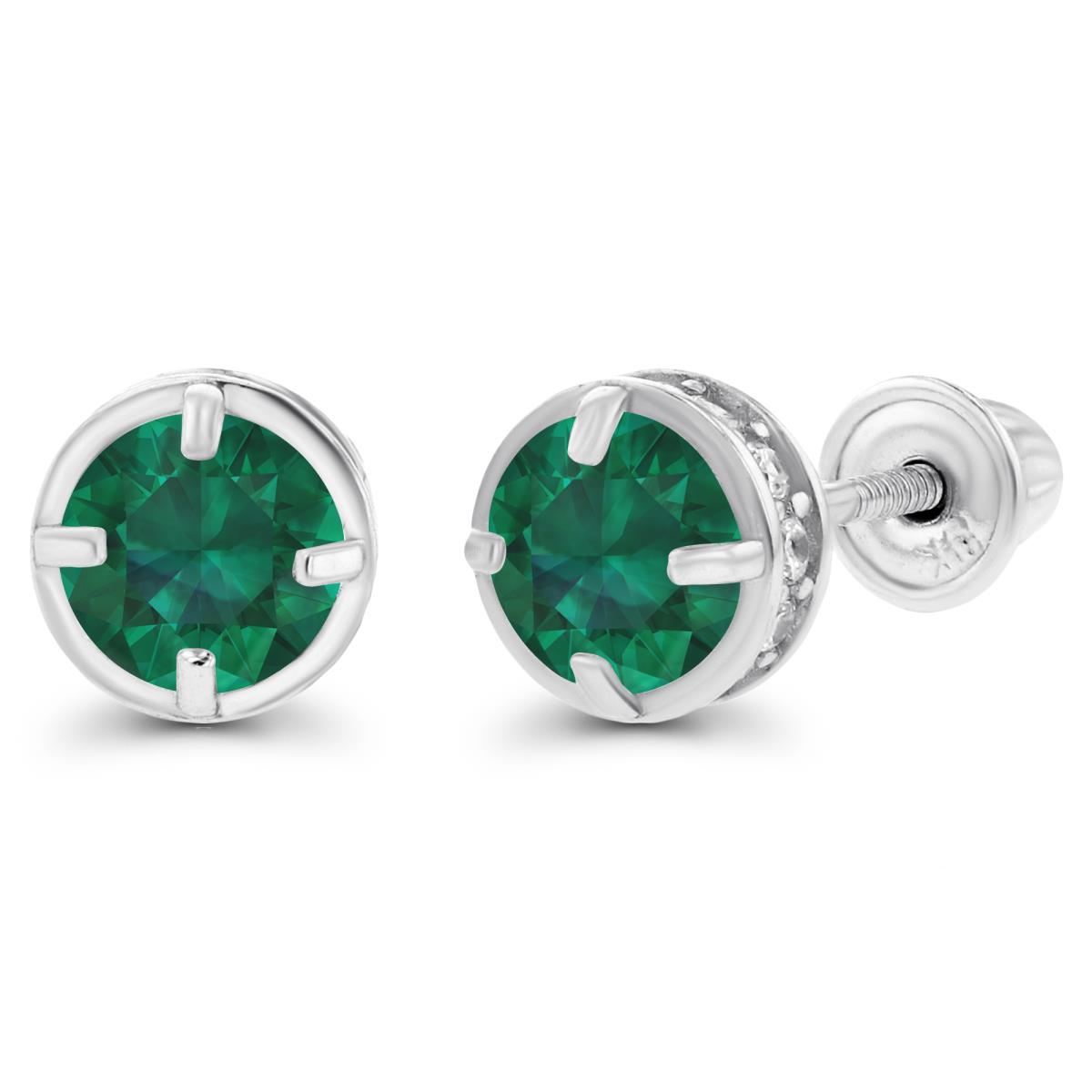 14K White Gold 4mm Created Emerald & 1mm Created White Sapphire Basket Screwback Earrings