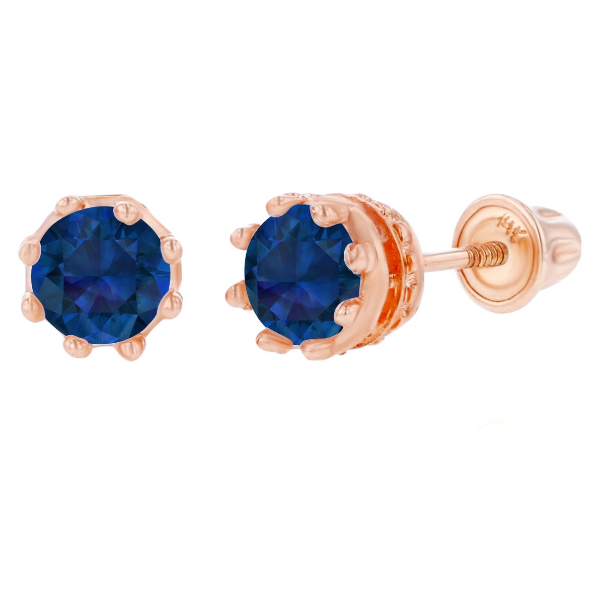 14K Rose Gold 4mm Round Created Blue Sapphire Crown Set Screwback Earrings