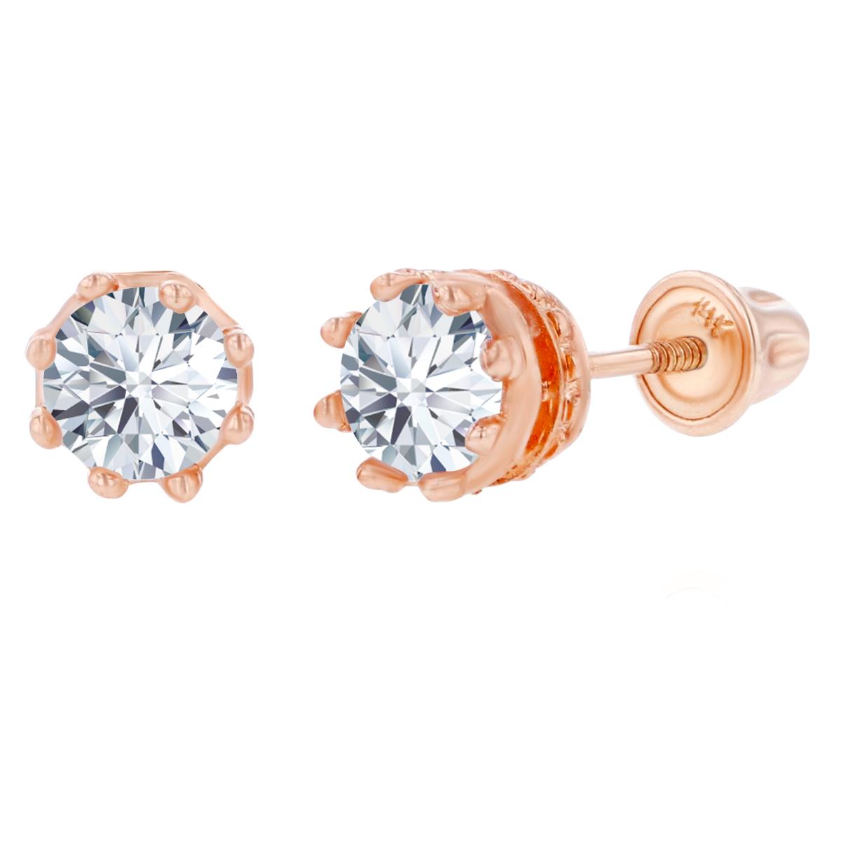 14K Rose Gold 4mm Round Created White Sapphire Crown Set Screwback Earrings