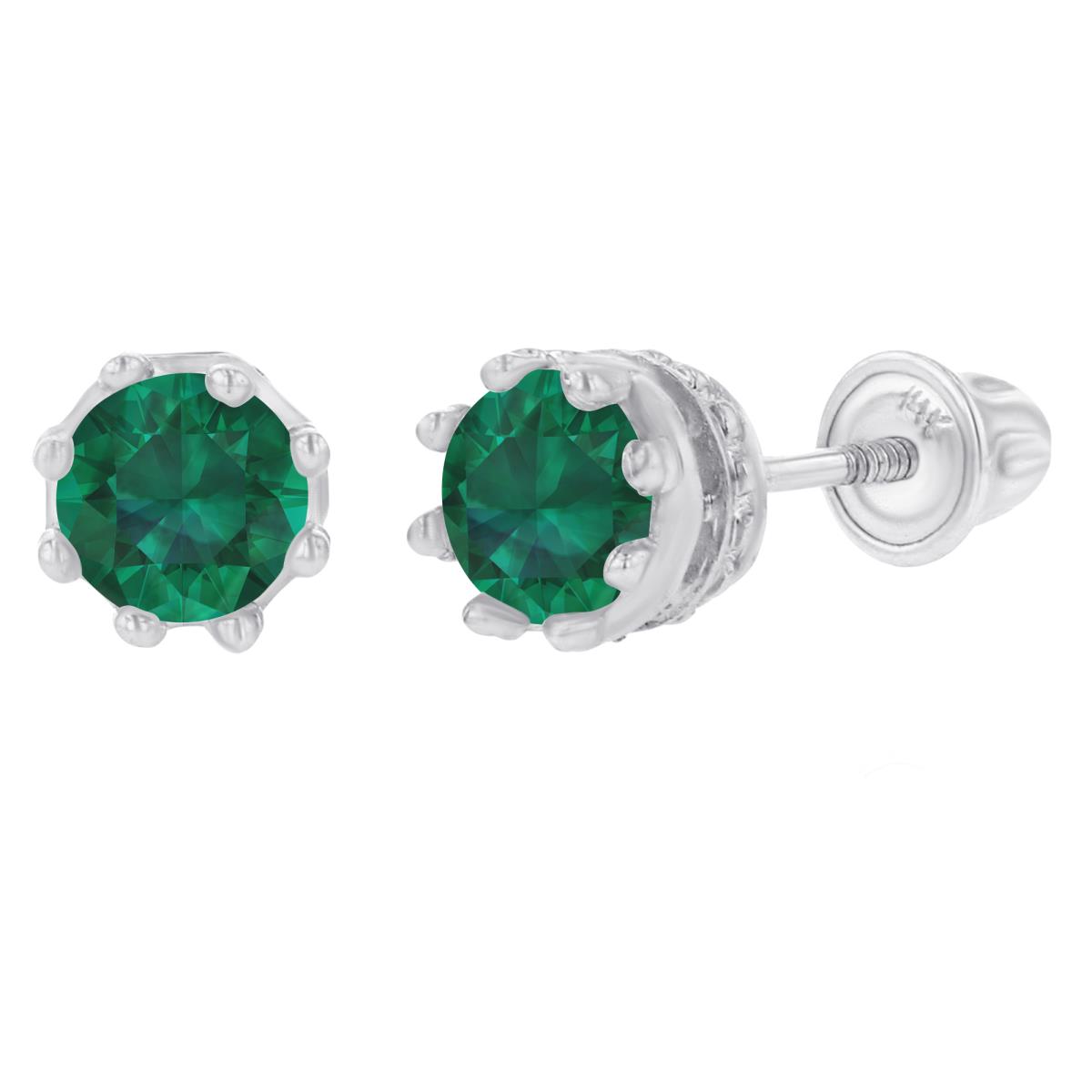 14K White Gold 4mm Round Created Emerald Crown Set Screwback Earrings
