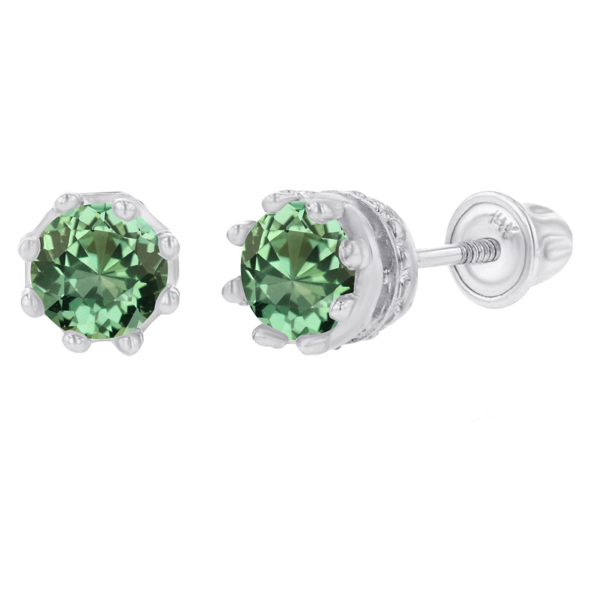 14K White Gold 4mm Round Created Green Sapphire Crown Set Screwback Earrings