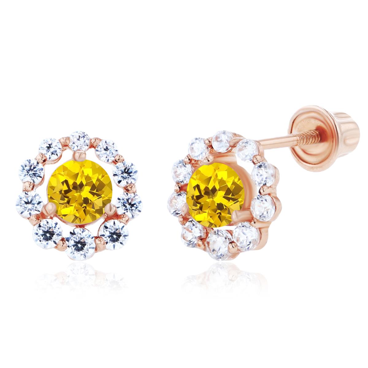 14K Rose Gold 3mm Created Yellow Sapphire & Created White Sapphire Halo Screwback Earrings
