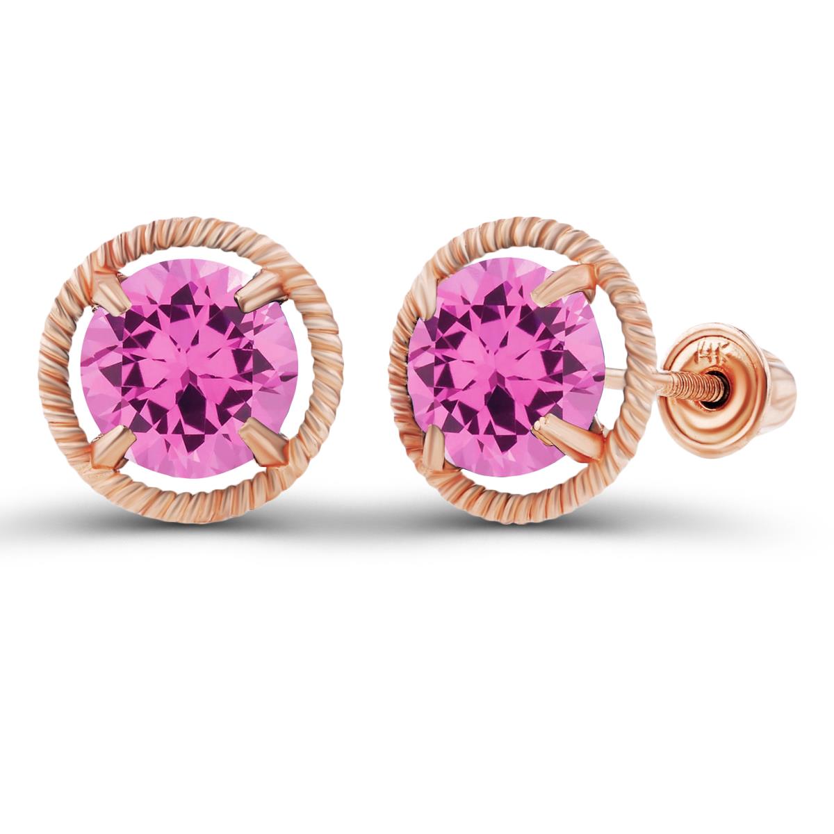 14K Rose Gold 6mm Round Created Pink Sapphire Milgrain Halo Screwback Earrings