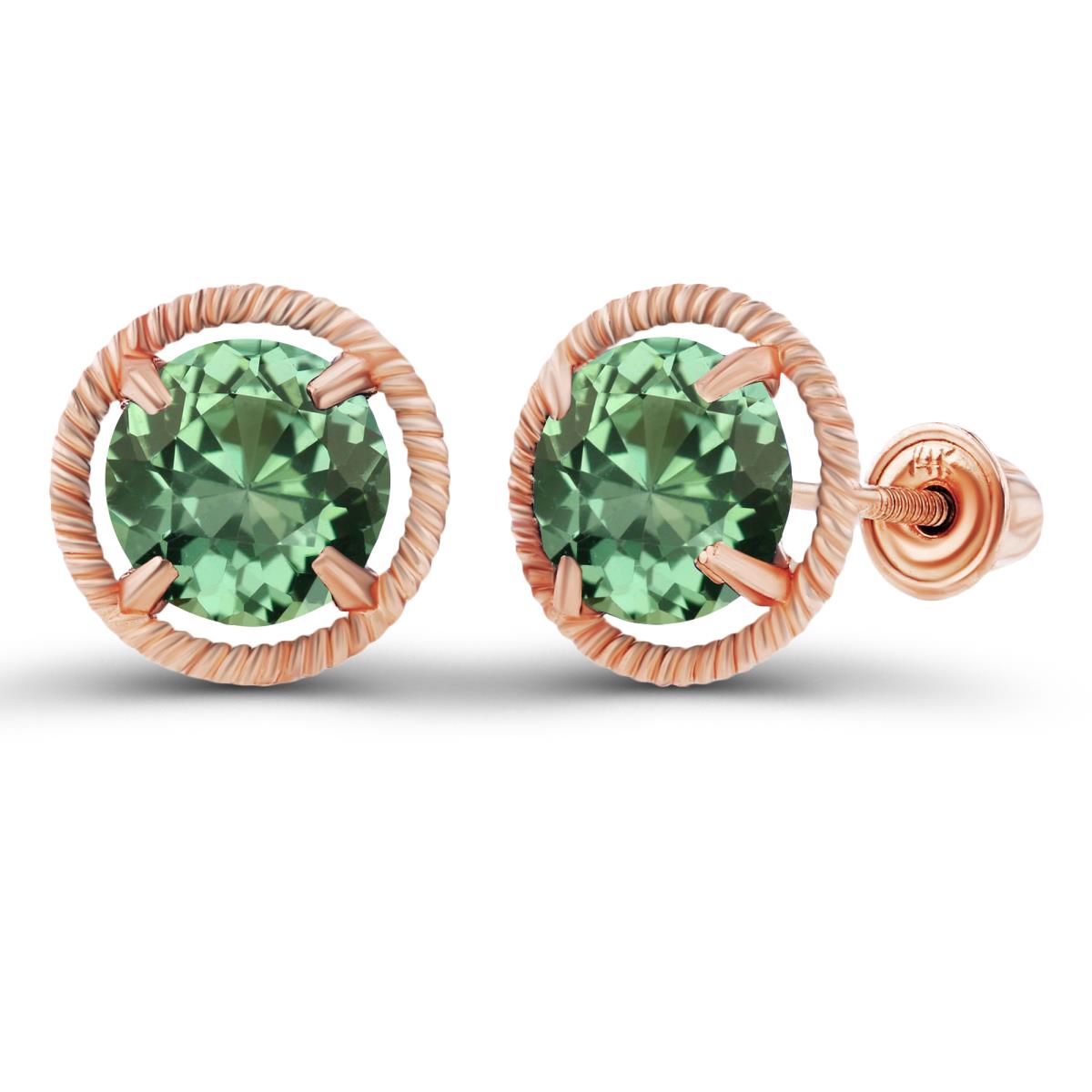 14K Rose Gold 6mm Round Created Green Sapphire Milgrain Halo Screwback Earrings