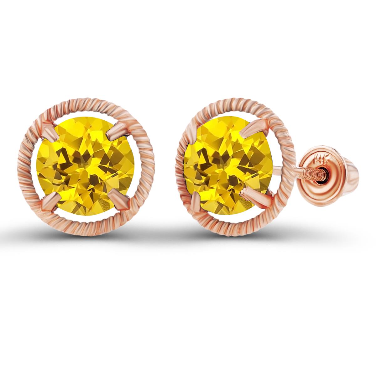 14K Rose Gold 6mm Round Created Yellow Sapphire Milgrain Halo Screwback Earrings