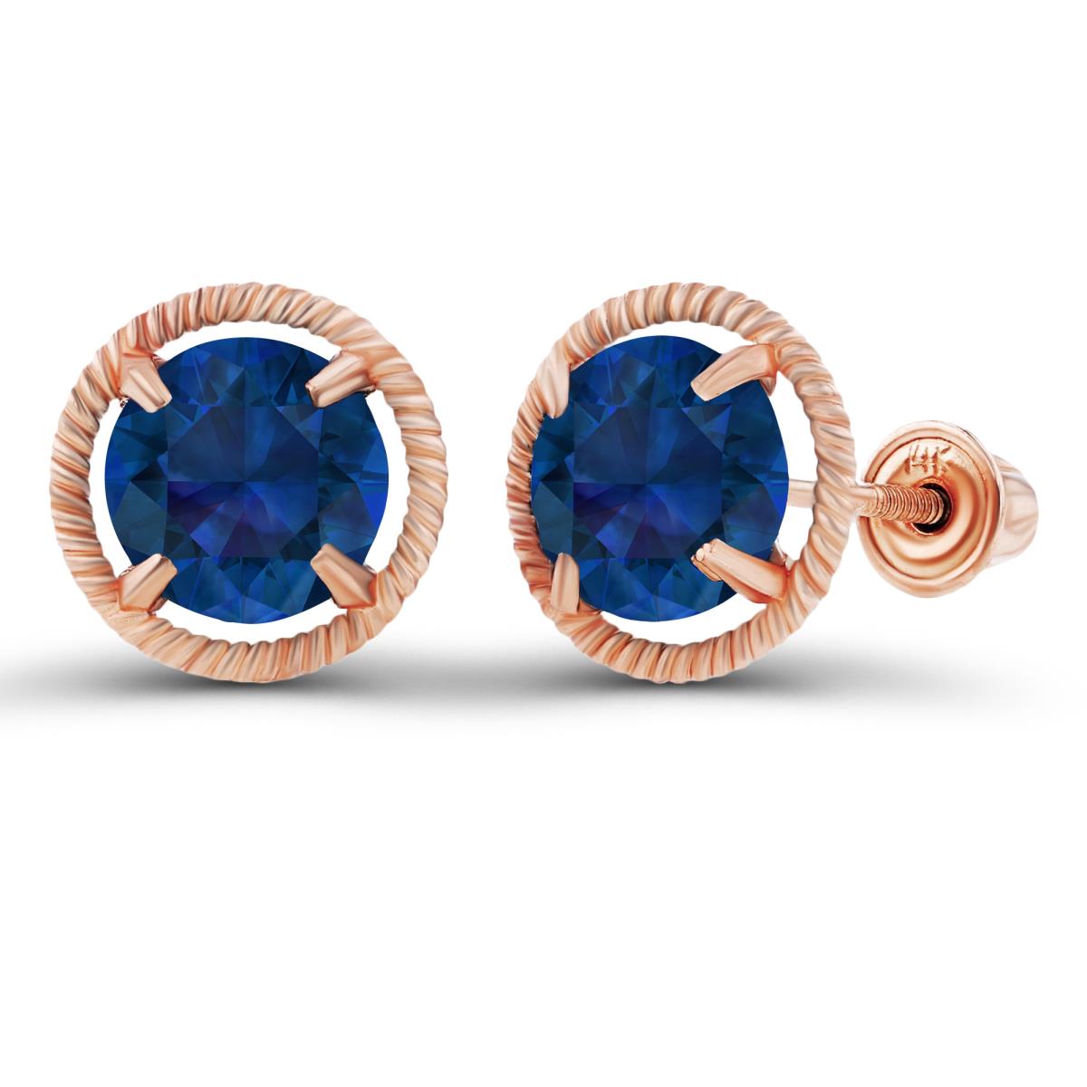14K Rose Gold 6mm Round Created Blue Sapphire Milgrain Halo Screwback Earrings