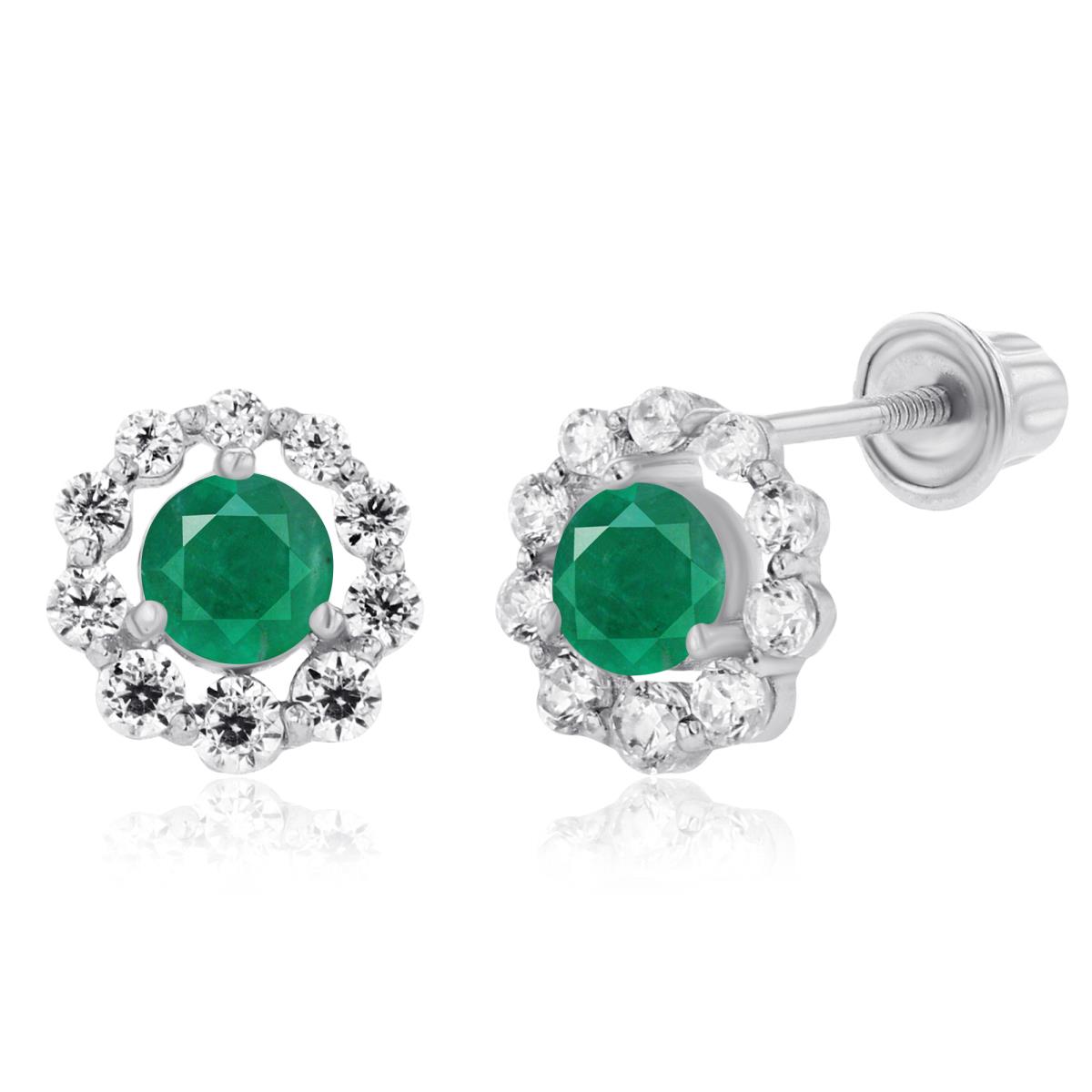 14K White Gold 3mm Emerald & Created White Sapphire Halo Screwback Earrings