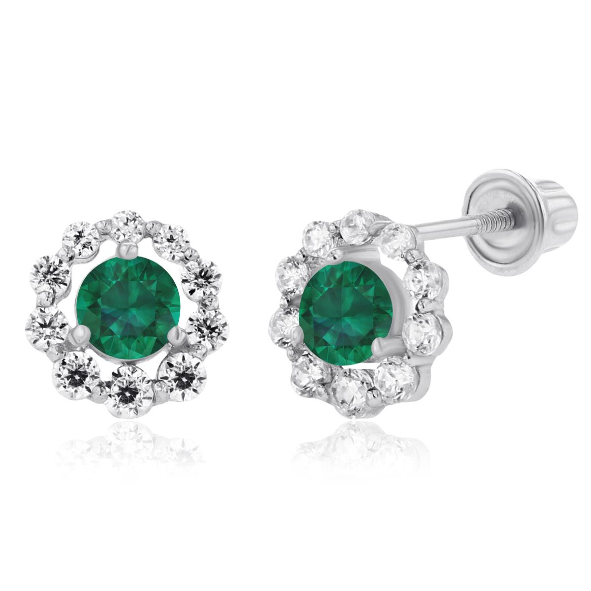 14K White Gold 3mm Created Emerald & Created White Sapphire Halo Screwback Earrings