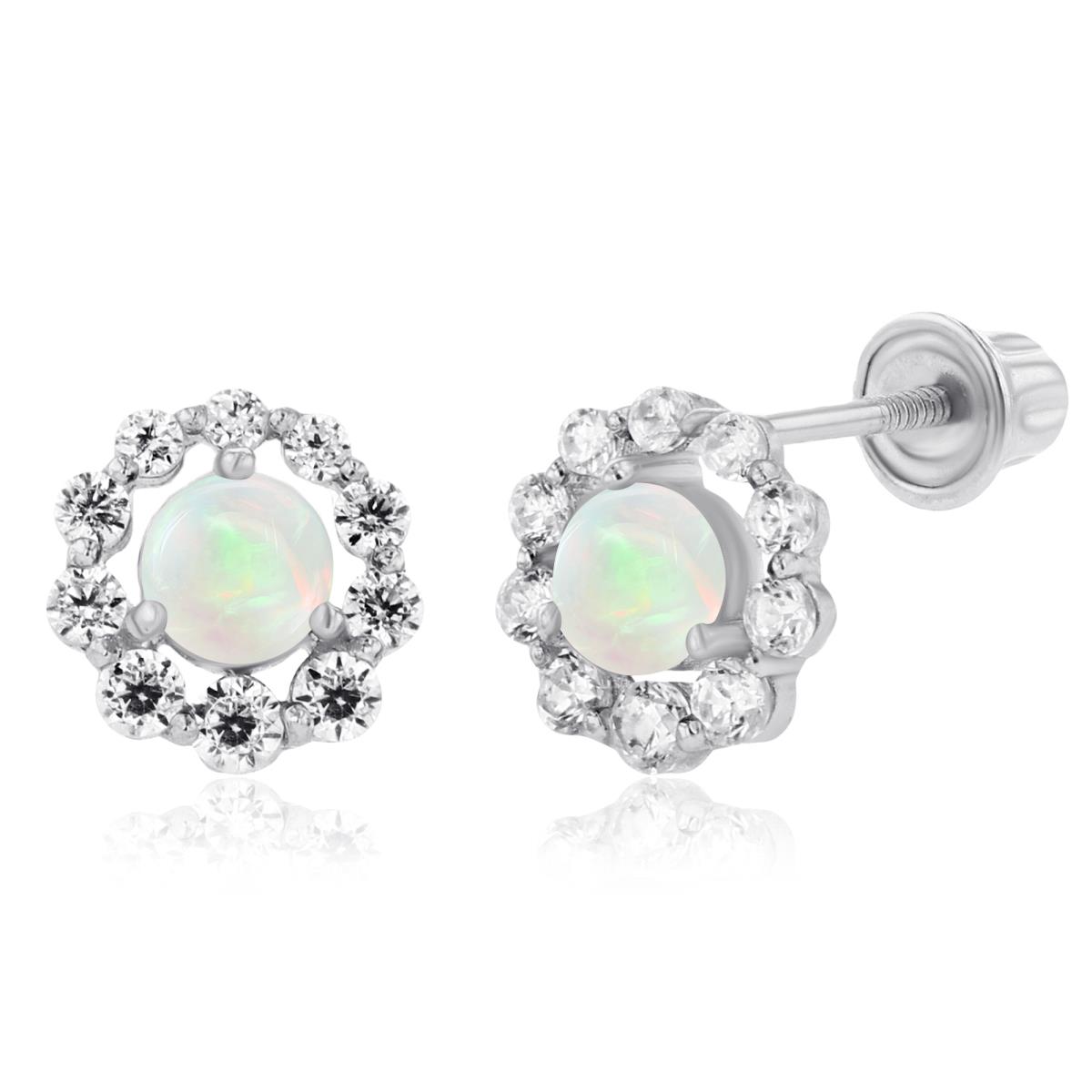 14K White Gold 3mm Opal & Created White Sapphire Halo Screwback Earrings