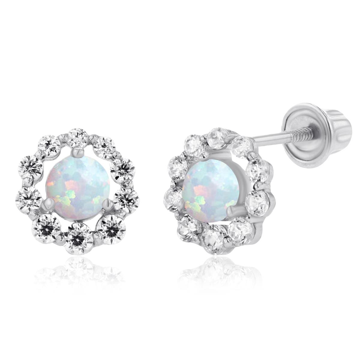 14K White Gold 3mm Created Opal & Created White Sapphire Halo Screwback Earrings