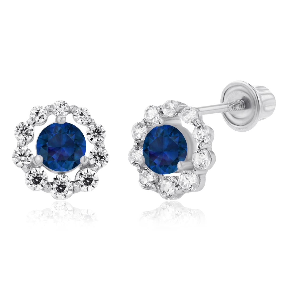 14K White Gold 3mm Created Blue Sapphire & Created White Sapphire Halo Screwback Earrings