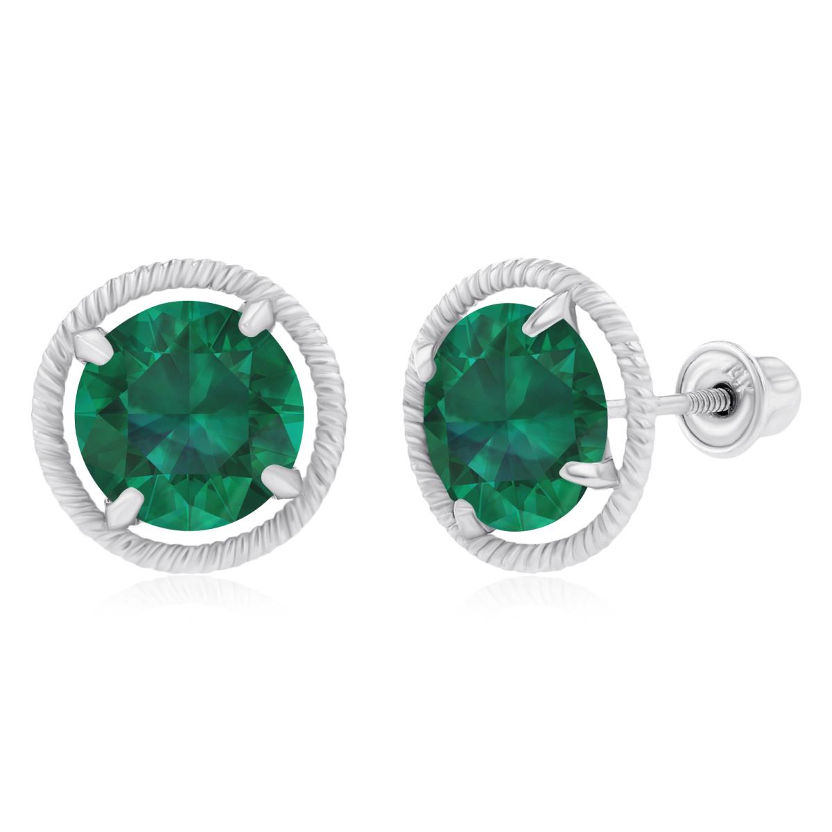 14K White Gold 7mm Round Created Emerald Rope Martini Screwback Earrings