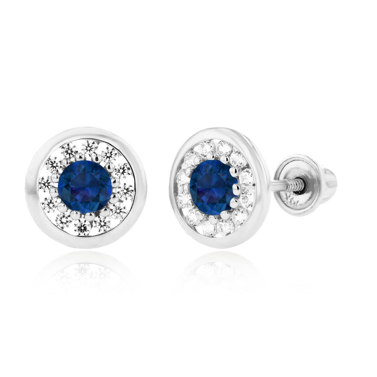 14K White Gold 3mm Created Blue Sapphire & 1mm Created White Sapphire Pave Circle Screwback Earrings