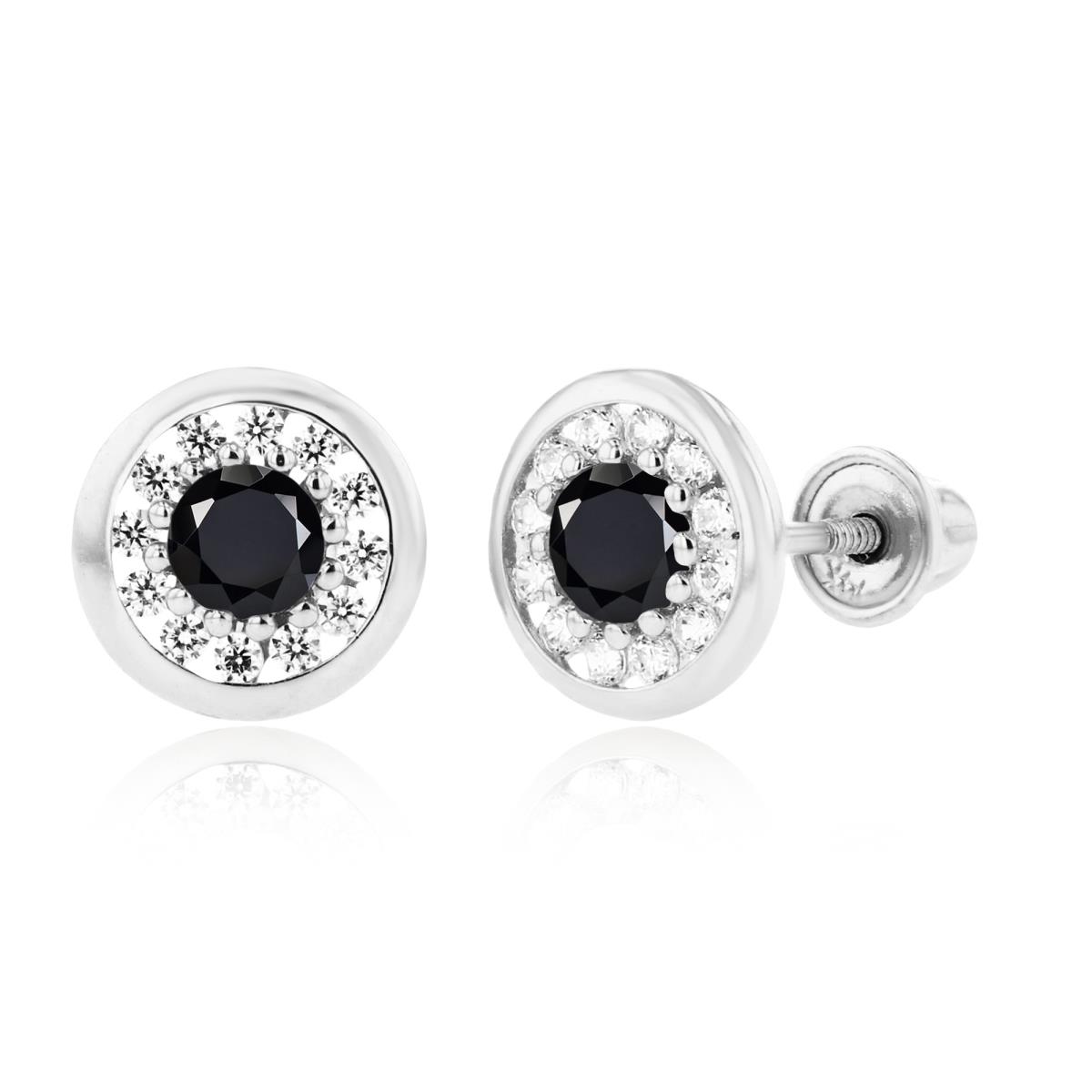 14K White Gold 3mm Onyx & 1mm Created White Sapphire Pave Circle Screwback Earrings