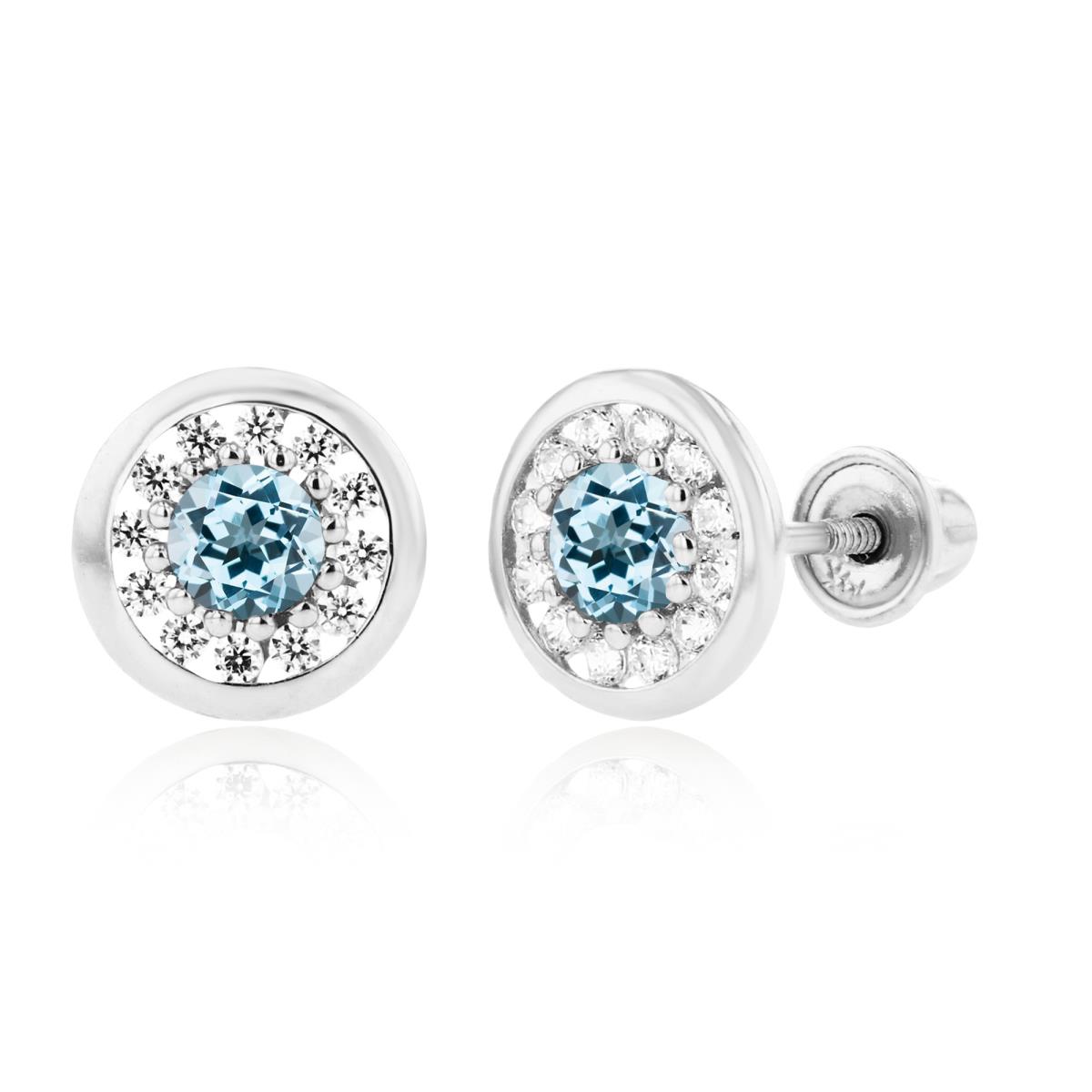 14K White Gold 3mm Sky Blue Topaz & 1mm Created White Sapphire Pave Circle Screwback Earrings