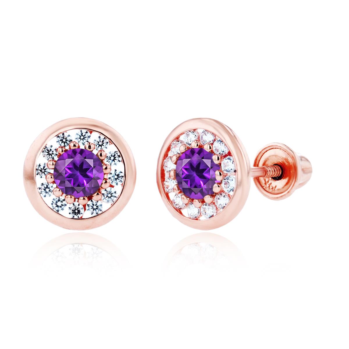 14K Rose Gold 3mm Amethyst & 1mm Created White Sapphire Pave Circle Screwback Earrings