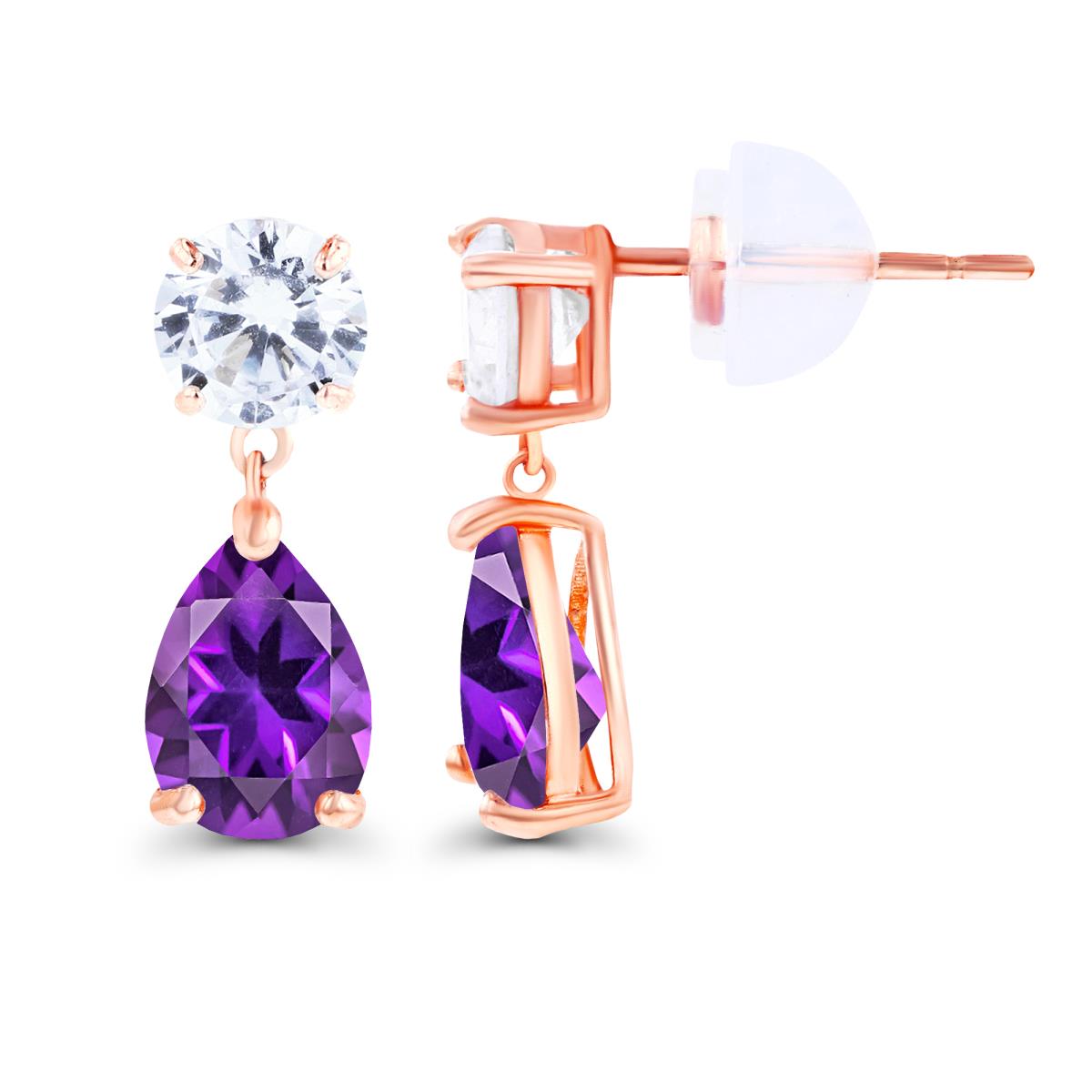 14K Rose Gold 6x4mm Pear Amethyst & 4.5mm Round Created White Sapphire Earrings with Silicon Backs